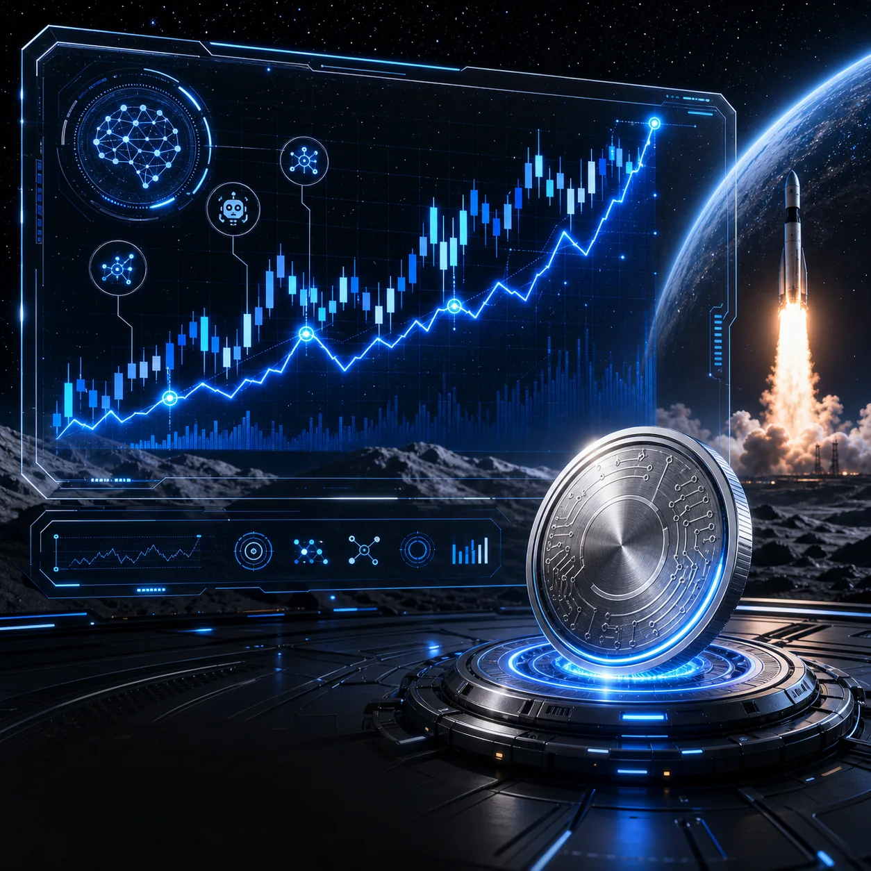 Veraxum Autotrade AI holographic performance chart with rocket launch