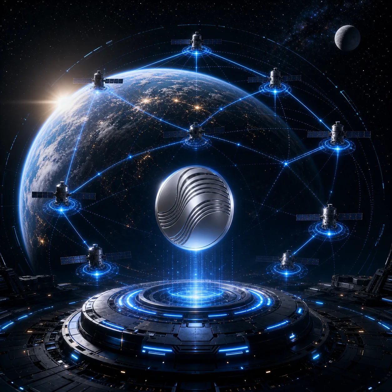 Veraxum satellite network around Earth representing multi-chain settlement