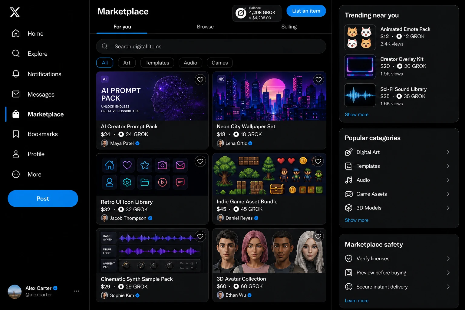 Veraxum marketplace interface listing digital items priced in Grok token
